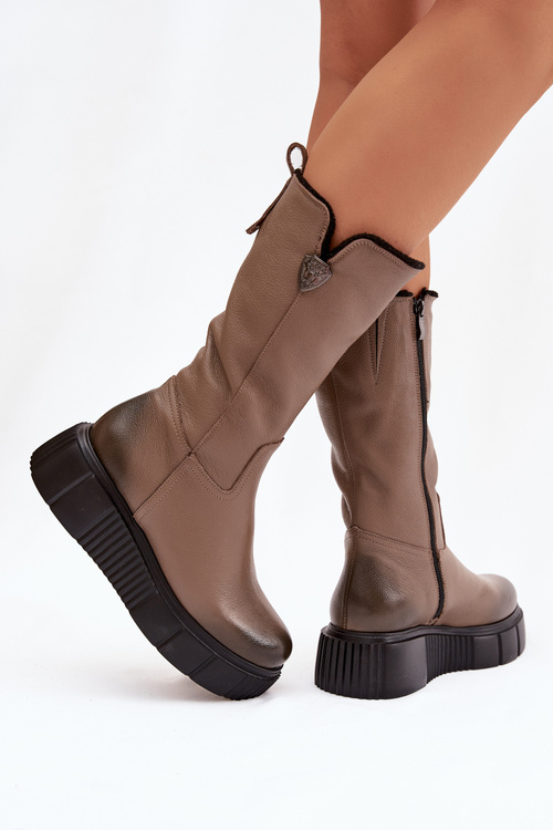 Zazoo 70121 Kožené Dámské Kozačky S Vlnou Tmavě Béžové