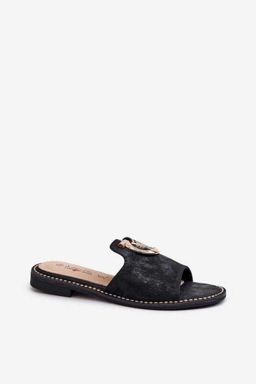 Elegantné lesklé dámske papuče s ozdobou S.Barski KV27-032 čierne