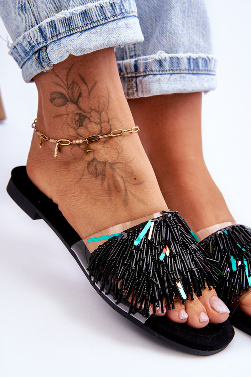 Dámské pantofle s módními ozdobami S.Barski KV-576-4 Černá