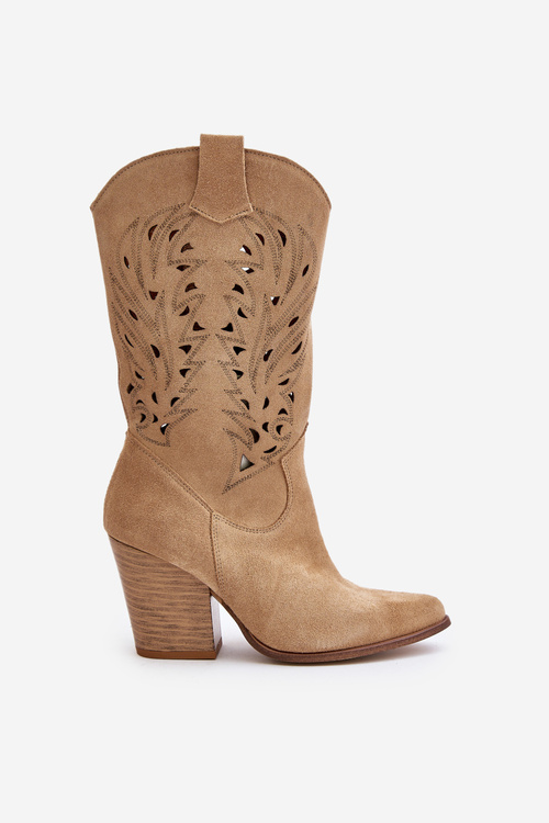 Dierkované kozačky do polovice lýtok na podpätku zamszové Lewski 3609 béžové