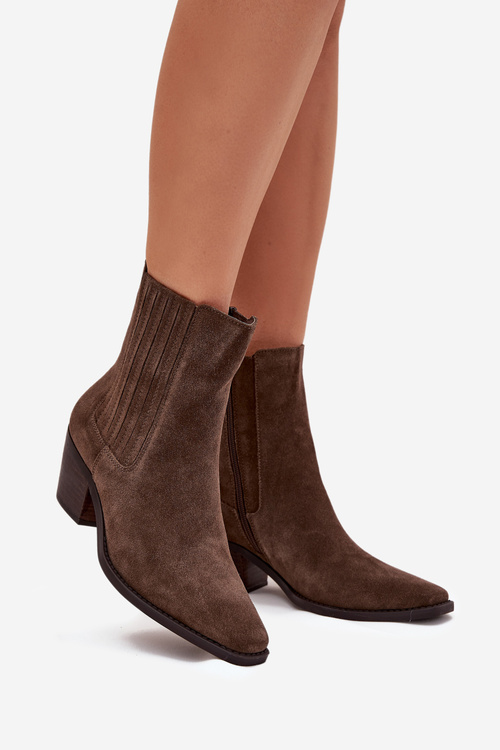 Dámske Zamszové Čižmy Na Podpätku Zateplené Khaki Arelia