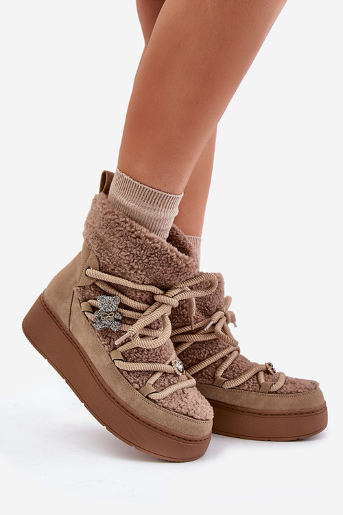 Dámské Sněhule S Ozdobami A Beránkovým Kožíškem Hnědé Almatiza