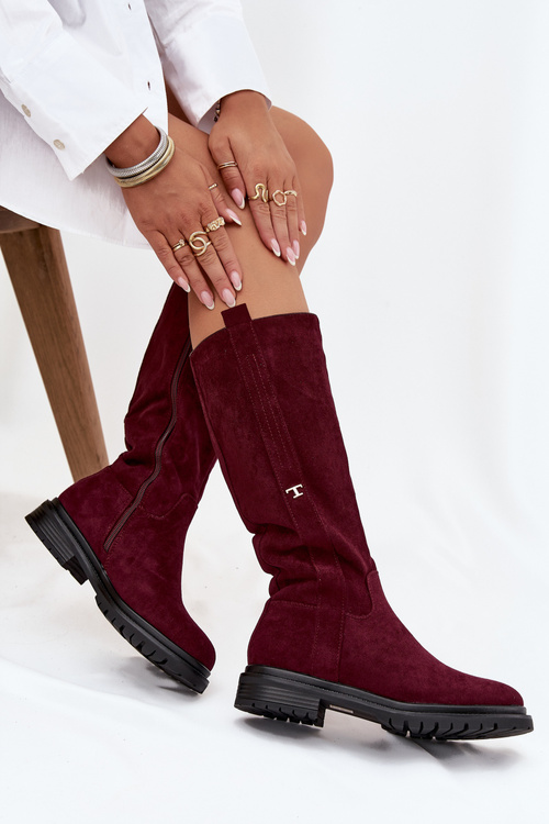 Dámské zateplené kozačky na plochém podpatku Eko semiš Bordó Delyssa