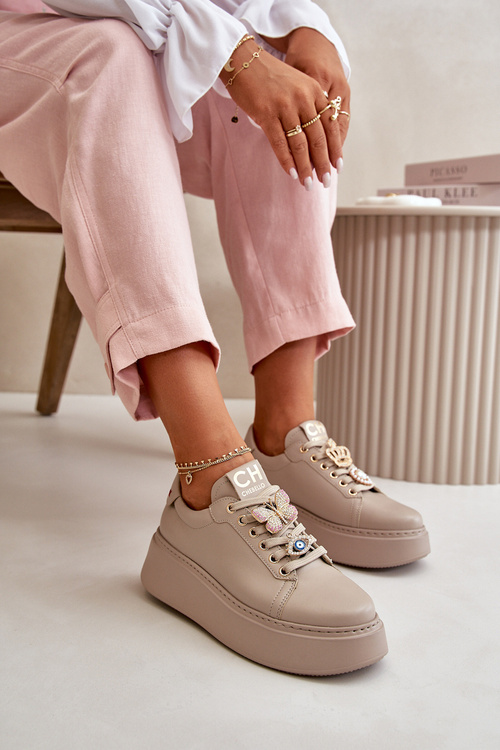 Dámské kožené tenisky s ozdobami CheBello 4292 béžové
