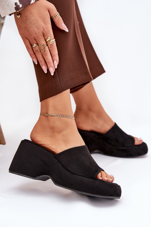 Eko Semišové Pantofle Dámské Na Platformě A Klínu Černé Afisal