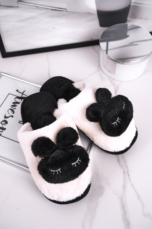 Dámské Kožešinové černé Bilé Papuče Rabbit