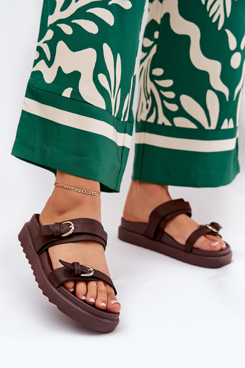 Dámské Pantofle Na Platformě Se Zlatými Přezkami Hnědé Wernone