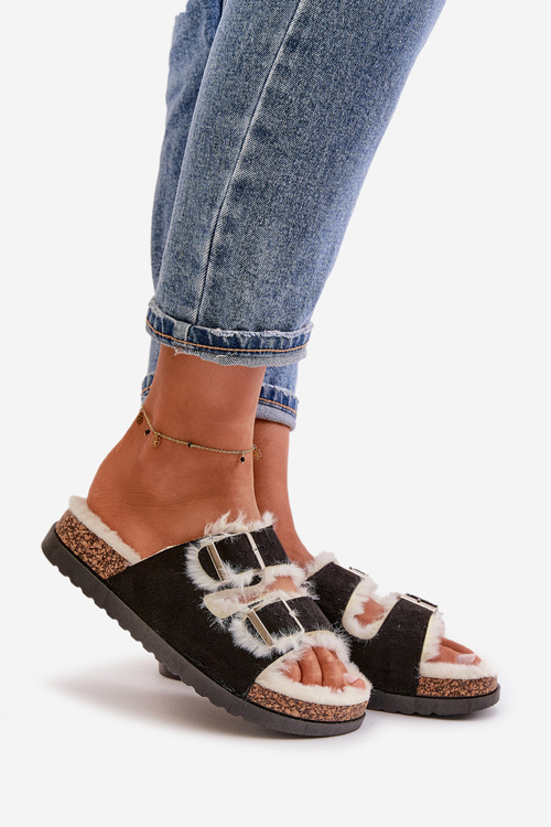 Dámské Pantofle S Přezkami A Kožíškem Černé Ezilena