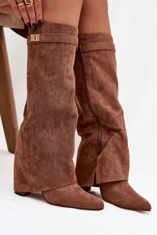 Kozačky Eko semišové podpatek sloupek na zip vyhřívané vytočená lýtka tmavě béžové Evyra