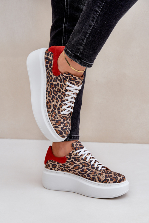 Kožené sneakerky na platformě s leopardím vzorem Zazoo 3346 hnědo-červené