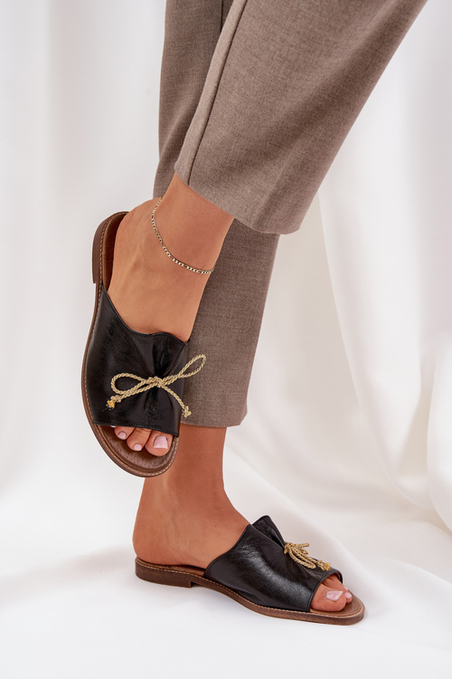 Kožené Ploché Elegantné Sandále S Mašľou Lewski 3572 Čierne