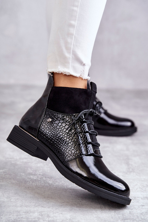 Lakované teplé šněrované boty černé Cathrine