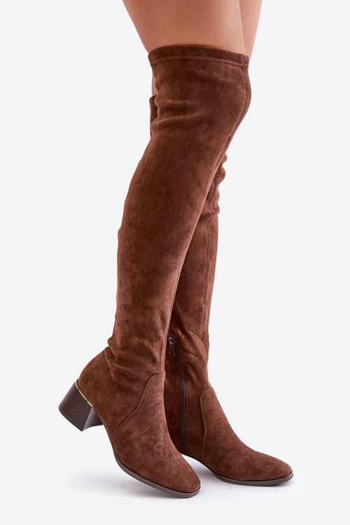 Kozačky Na Podpatku Klocku Za Koleno Z Eko Semiše Hnědé Galadi