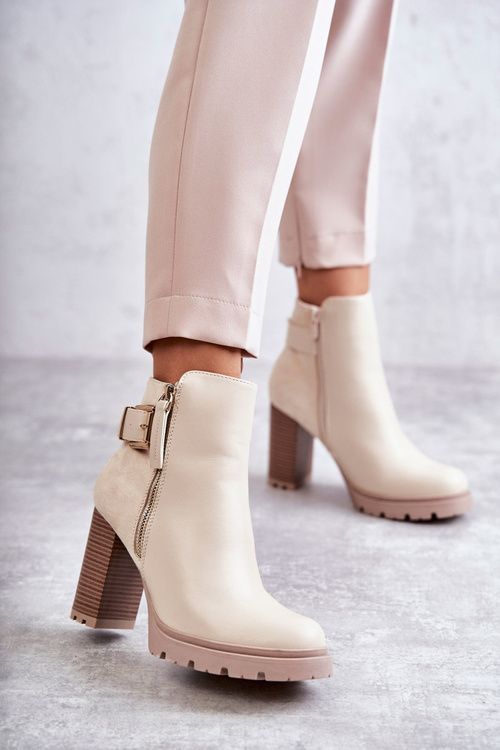 Kožené Kozačky Na Vysokých Podpatcích S Ozdobným Zipem Béžove Rosita