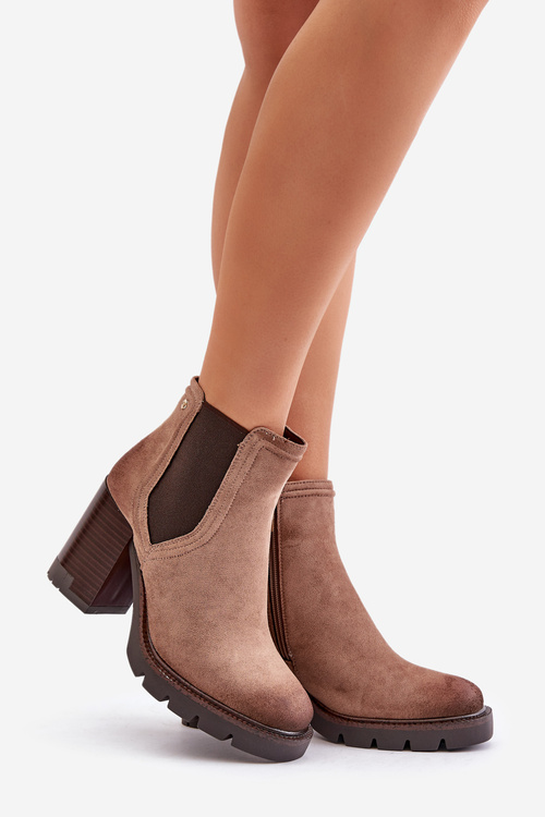 Zateplené dámské botky na podpatku z eko semiše béžové Vinceza 58356