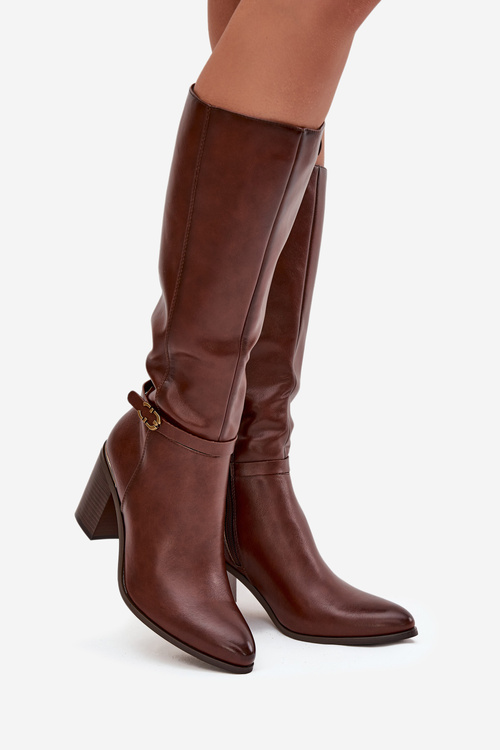 Dámské kozačky Musketýrky Vyhřívané Na podpatku S přezkou Sergio Leone KZ25738 Hnědé