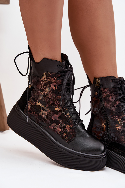 Kožené semišové čižmy na platforme zateplené čierne 06565-01