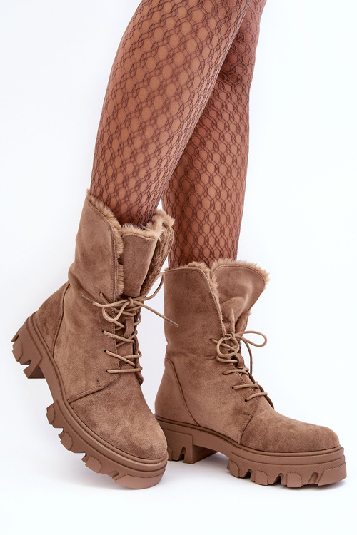 Suede Lace -up Boots Workers s kožušinou tma