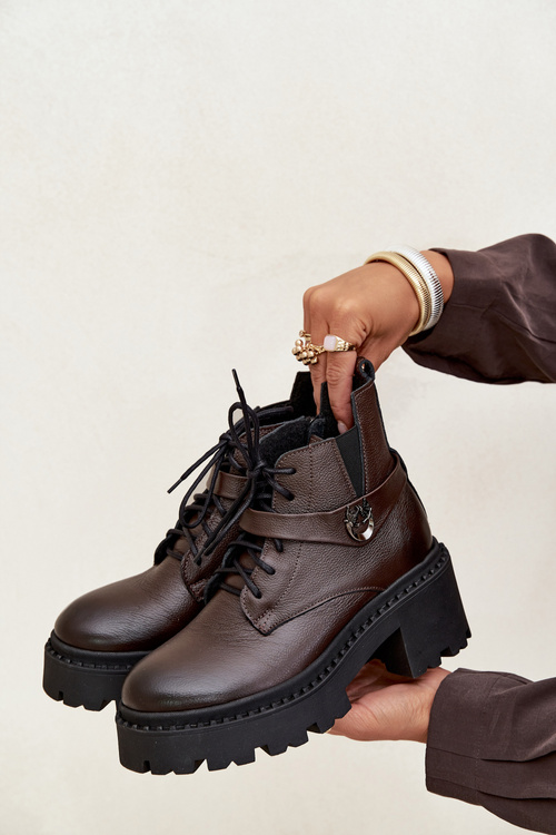 Kožené dámske čižmy na podpätku s ozdobným pásom zateplené Zazoo 60557 čokoládové