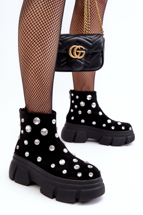 Kožené semišové zateplené kotníčková obuv s krystaly D A MR52-205 Černé Botki Damskie