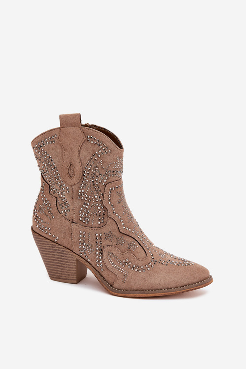 Zateplené Dámské Kotníkové Boty Kovbojky Se Zdobením Béžové Lelira