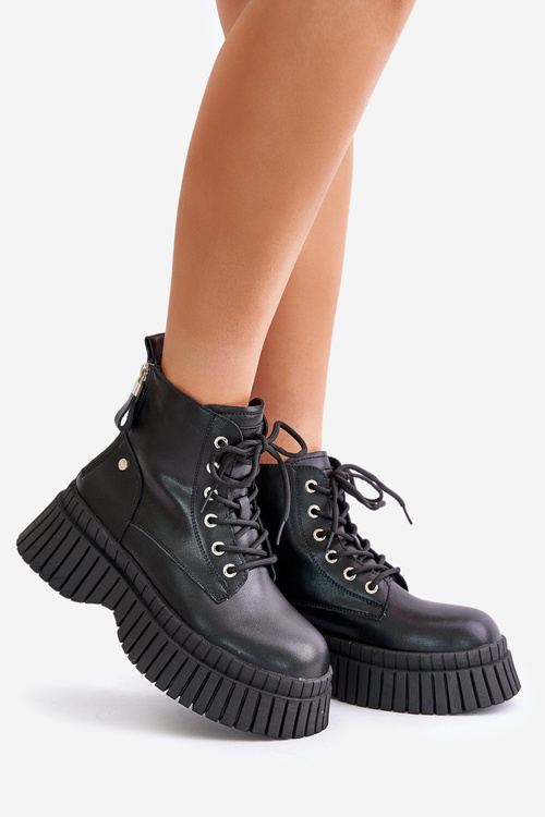 Zateplené Kožené Čižmy S Masívnou Podrážkou GOE OO2N4126 Čierne