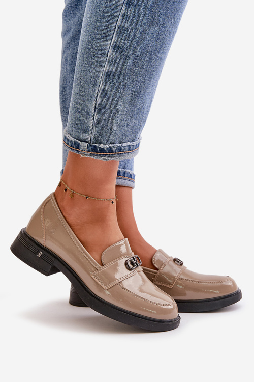 Lakované dámské mokasíny z přírodní kůže khaki Vinceza 58409