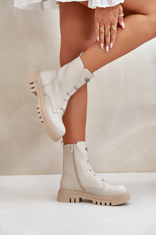 Zateplené boty worker pro ženy na zip z eko kůže světle béžové Mailyra