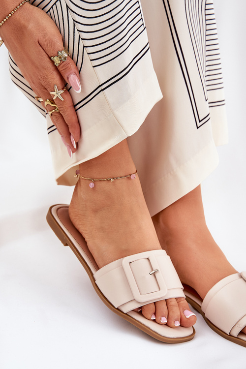 Ploché Dámské Sandály Eko Kožené S Přezkou Béžové Bamma