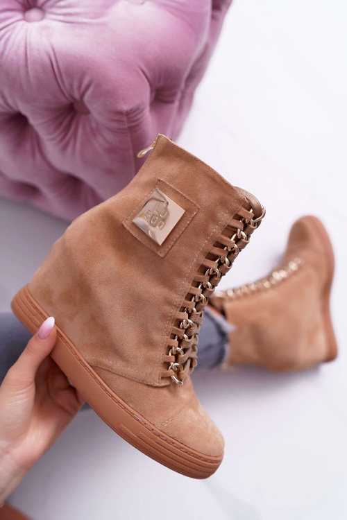 Ženské tenisky lu boo zlaté reťazce semišové camel Monica