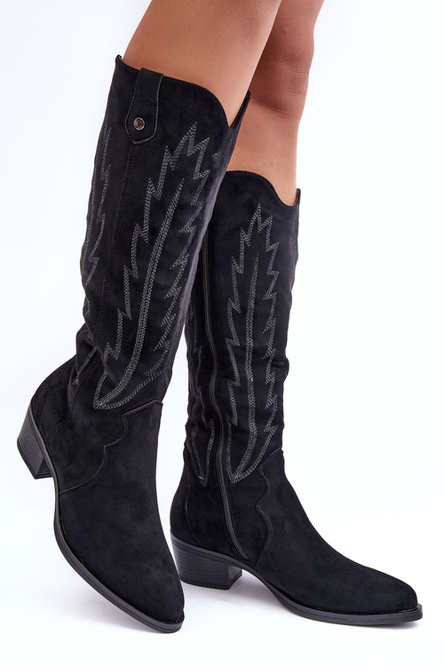 Suede Low -Heeled Cowboy Boots Black Lunah