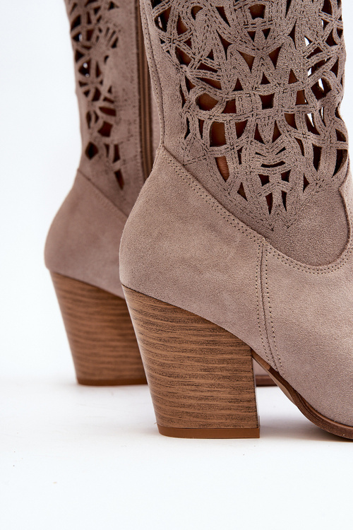 Dámské kozačky na podpatku z semiše béžové Zazoo 3166/P