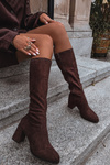 Dámske čižmy na vysokom opätku z eko semišu čokoládové Yelisse