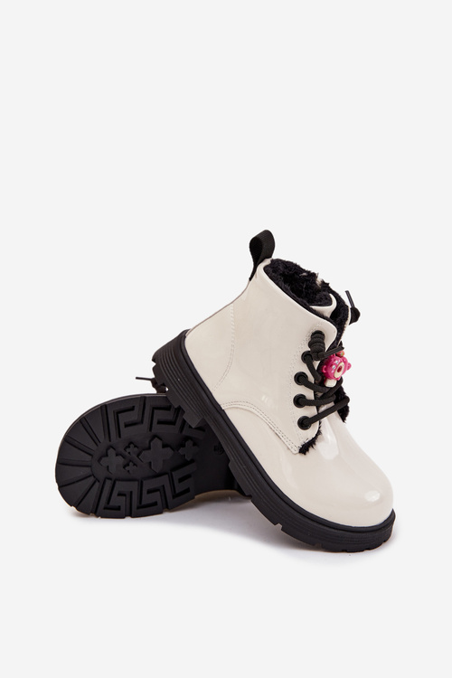 Zateplené detské lakované čižmy s prackou Medveď Biela Jovellea