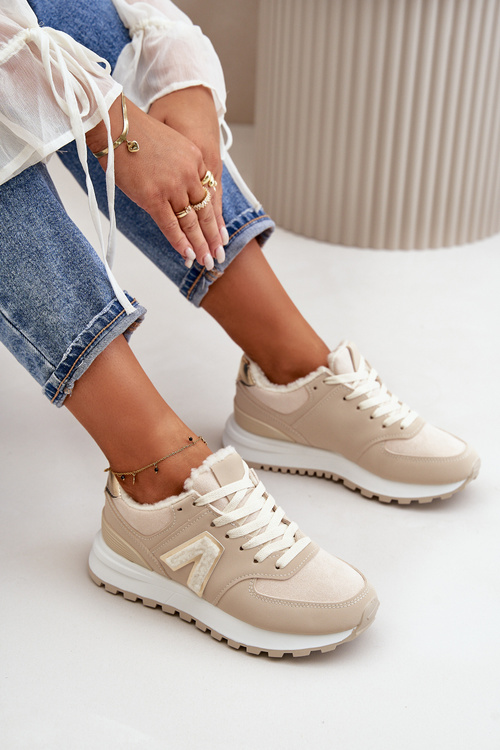 Tenisky Dámske Športové Topánky Zateplené Kožušinou Béžové Ciamara