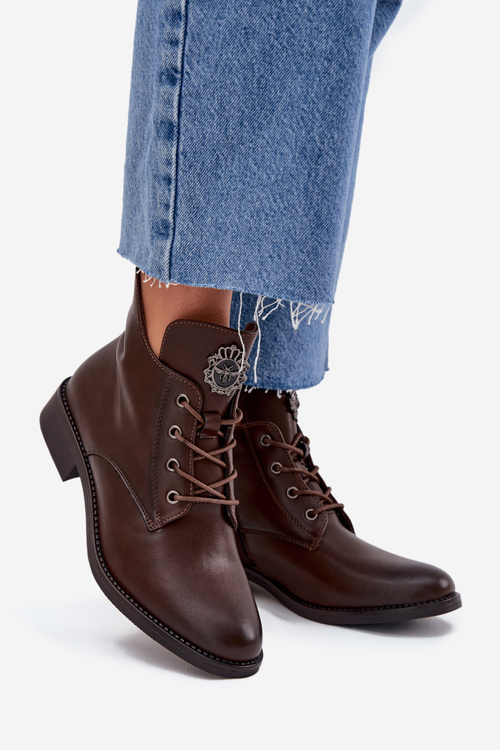 Nízké dámské boty na plochém podpatku se zdobným detailem zateplené hnědé Cylira