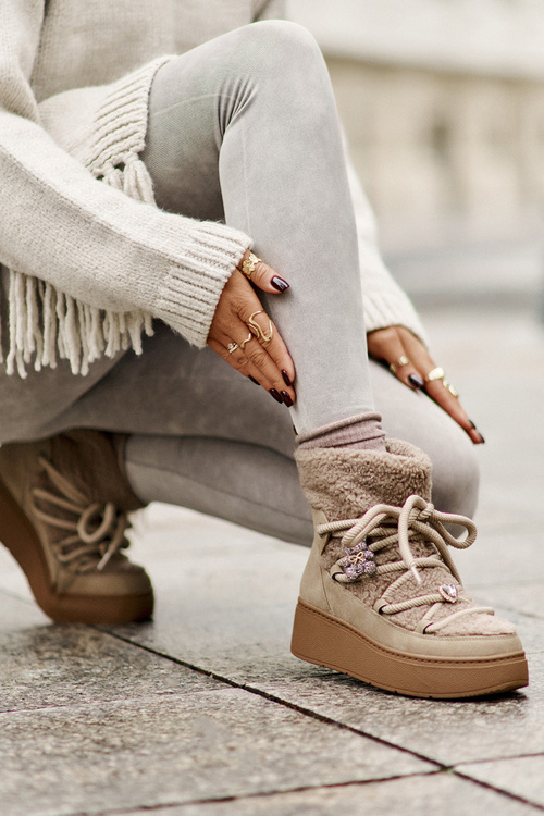 Dámské Sněhule S Ozdobami A Beránkovým Kožíškem Hnědé Almatiza