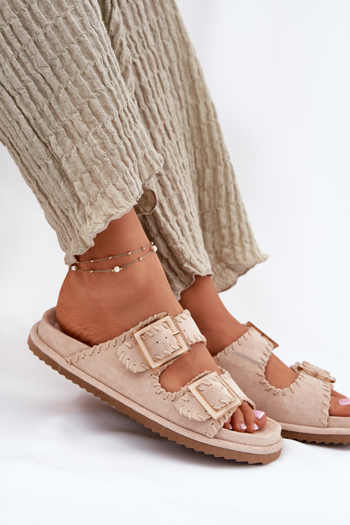 Dámske Sandále S Prackami A Dekoratívnym Obšitím Béžové Visley