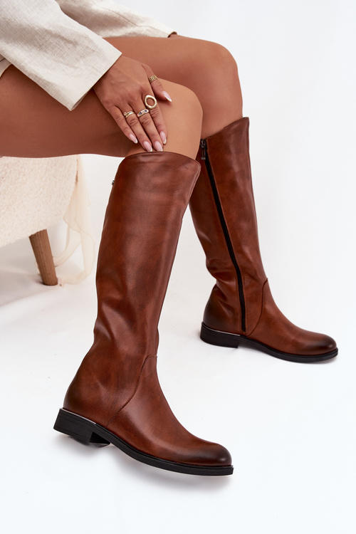 Kožené dámské kozačky na nízkém podpatku zateplené Zazoo 70150 hnědé