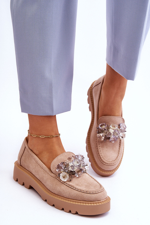 Módní semišové mokasíny s krystaly béžové Demeris