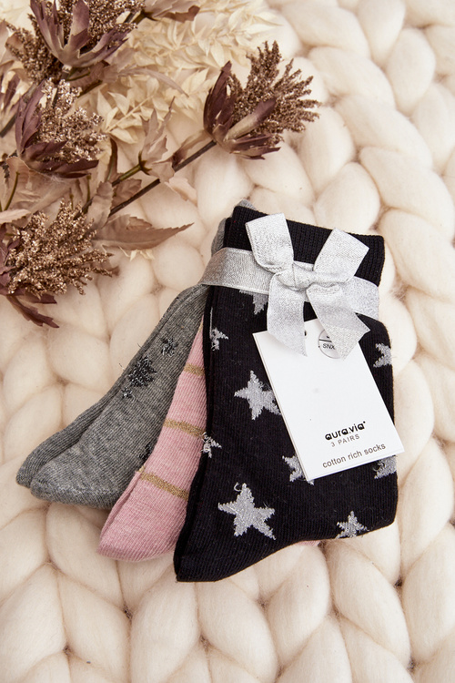 Dámské vánoční ponožky 3 balení šedo-růžové
