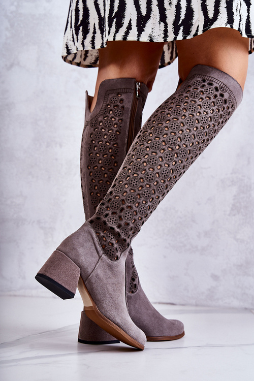 Prolamované Semišové Ploché Kozačky Šedá Hekilea