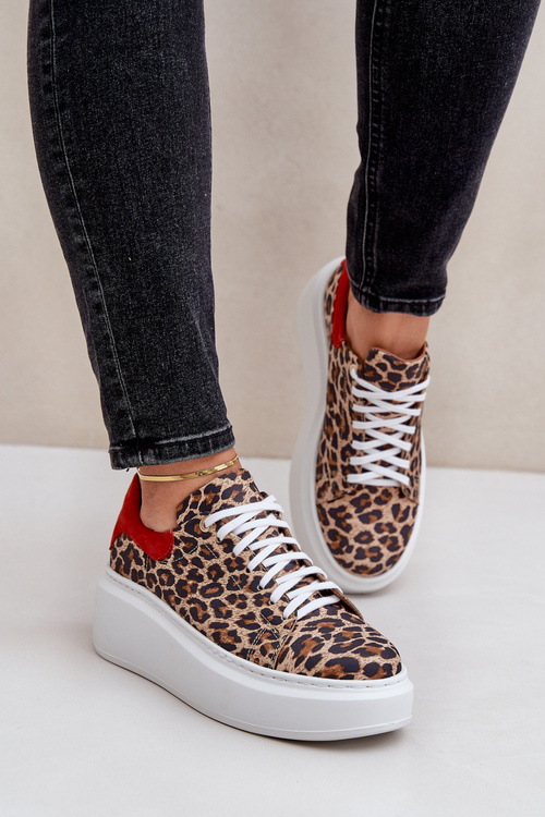 Kožené sneakerky na platformě s leopardím vzorem Zazoo 3346 hnědo-červené