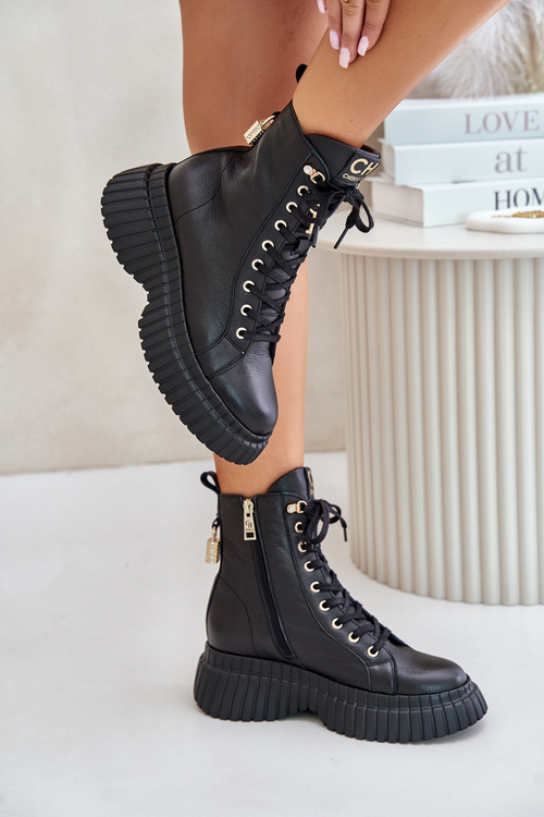 Kožené Čižmy Na Platforme S Zipsom A Dekoratívnym Zámkom CheBello 4517 Čierne