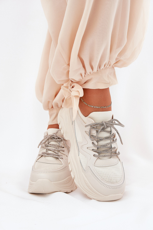 Dámske Tenisky na Platforme s Ozdobným Šnurovaním Béžové Evalianne