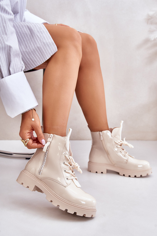 Lakované Dámske Pracovné Topánky Zateplené S Nápismi Béžové Zinfreya