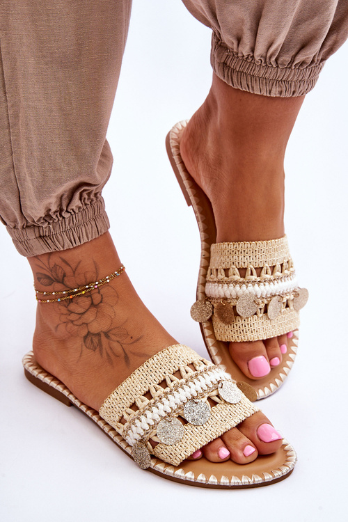 Dámské pletené zdobené pantofle Béžové Millano