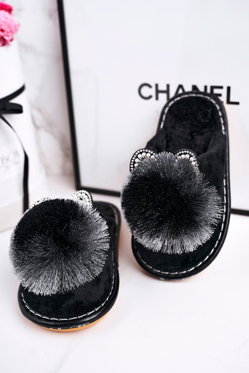 Dětské Domácí Pantofle S Bambulí černé Cinderella