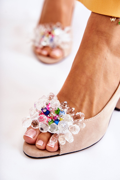 Módní semišové lodičky sandály s ozdobou béžove Meriss