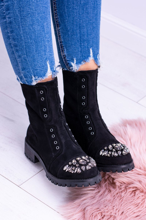 Lu Boo Čierne dámske členkové topánky kamienky Suede Carrie